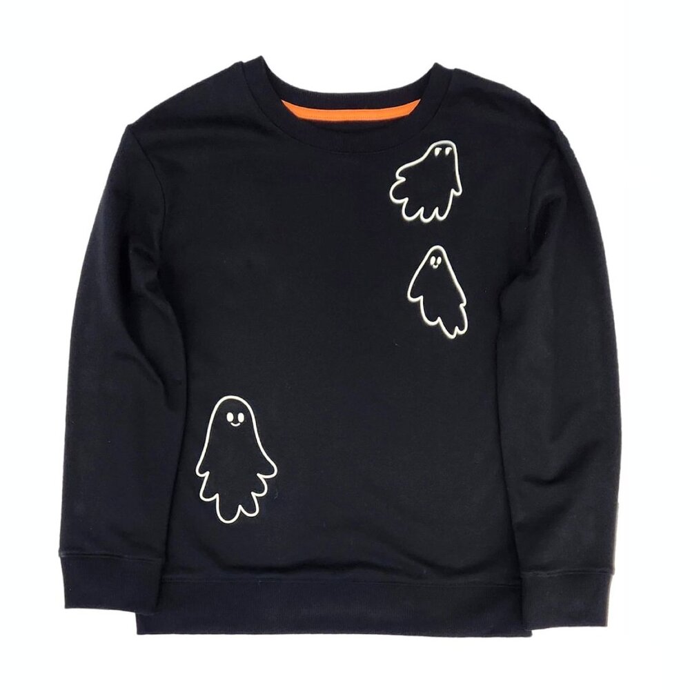 Girls Black Ghost Halloween Shirt Glow in the Dark Sweatshirt Top S NWT